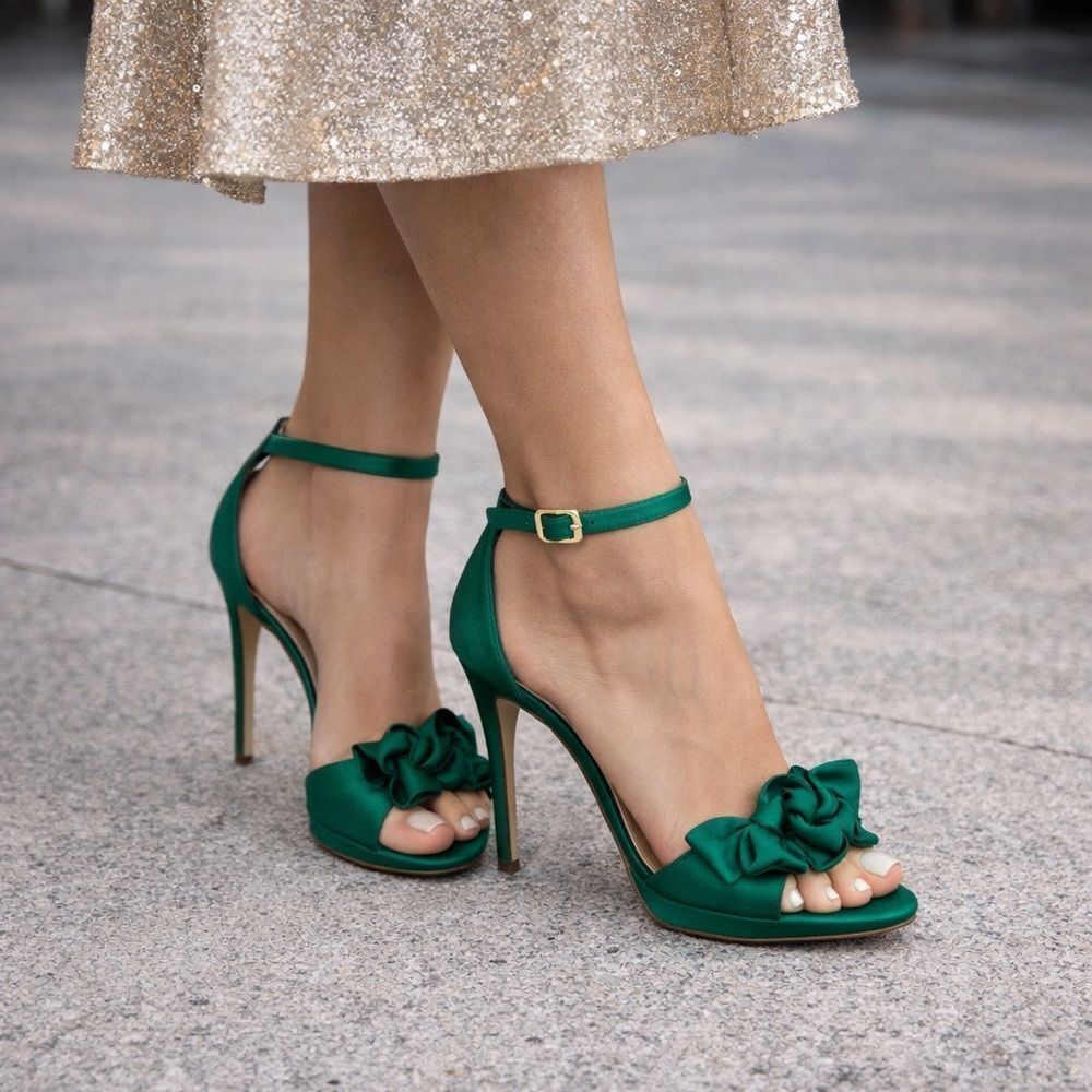 Club Monaco Green Satin Platform Stiletto Heels Ankle Strap Made in Italy US10